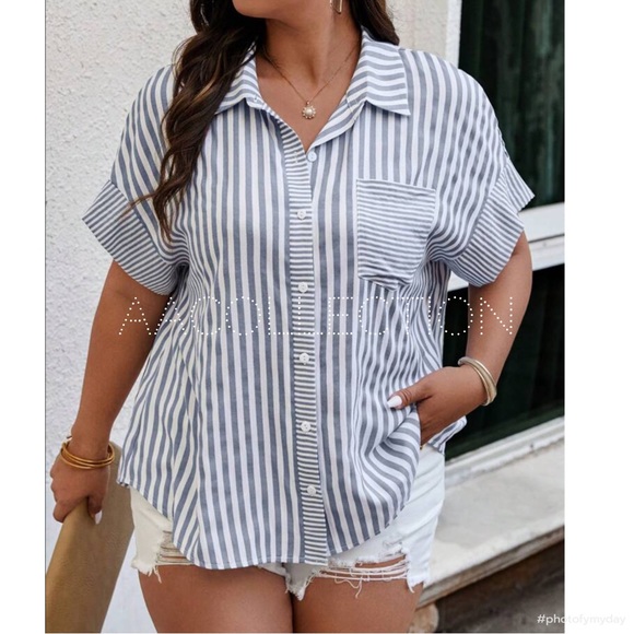Classic Elegant Plus Size Stripe Short Sleeve Button Down Shirt Blouse Top - Picture 8 of 8